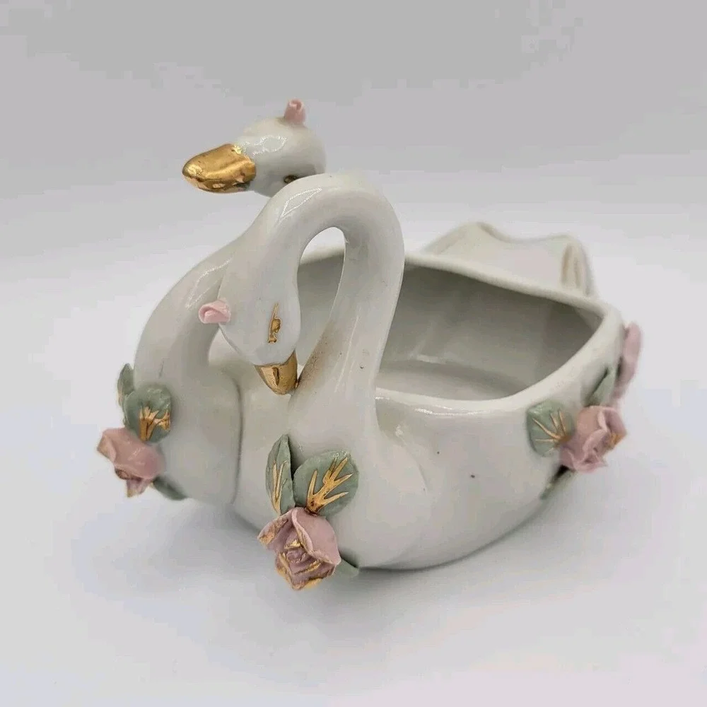 Vintage Double Swan China Trinket‎ Dish Vase With Flowers Collectible Home Decor